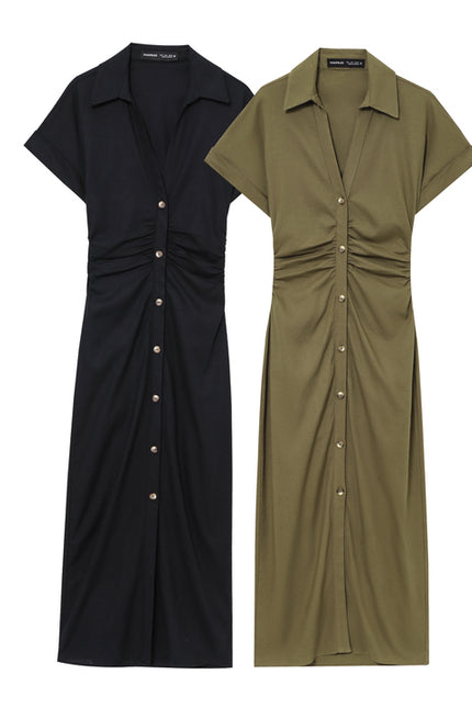 2 Colorway Buttons up Solid Color Short Sleeve Turn Down Collar Casual Fashion Summer Shirt Dress for Women
