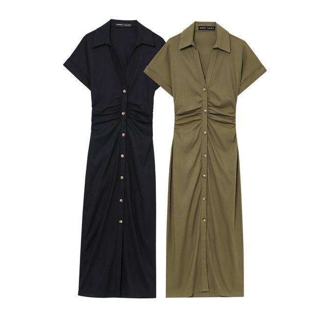 2 Colorway Buttons up Solid Color Short Sleeve Turn Down Collar Casual Fashion Summer Shirt Dress for Women