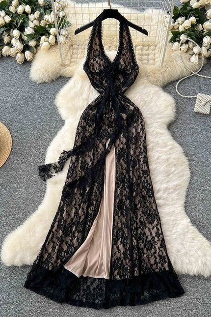 Halter Deep V High Slit Lace Women Lady Elegant Backless Sleeveless Flower Sexy Dress
