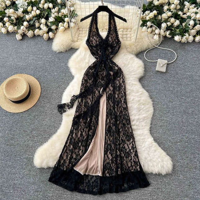 Halter Deep V High Slit Lace Women Lady Elegant Backless Sleeveless Flower Sexy Dress