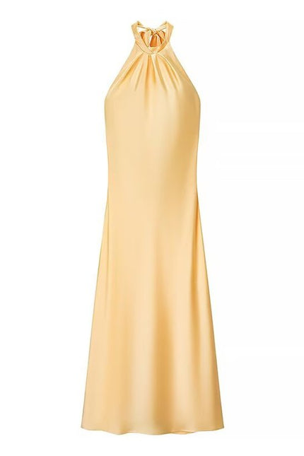 Back Hollow Out Beige Color Sleeveless Silky Casual Fashion Long Satin Halter Dress for Women
