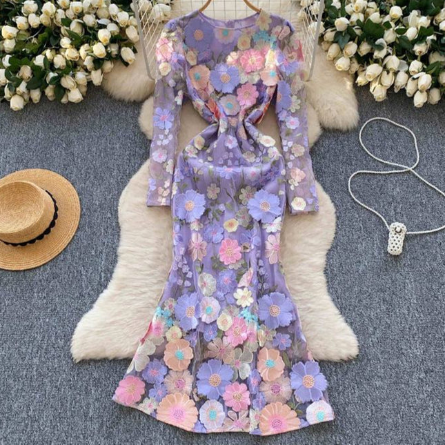 Women's Dress 2025 Spring Embroidery Waist Slim-Fit Dress