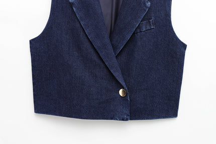 Single Button Denim Blue Color Notched Collar Casual Fashion Jeans Vest Waistcoat for Women