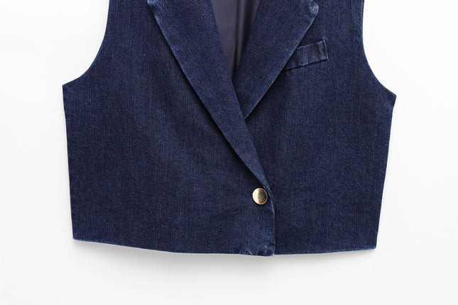 Single Button Denim Blue Color Notched Collar Casual Fashion Jeans Vest Waistcoat for Women