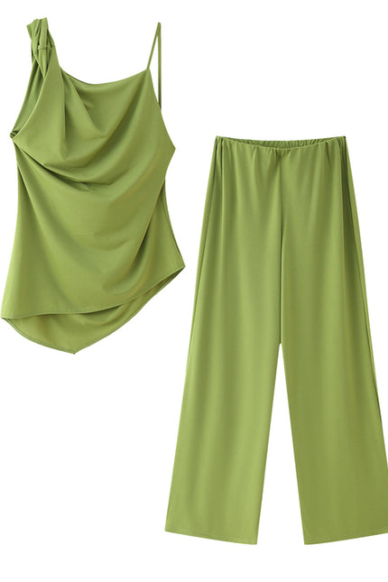 Asymmetrical Design Green Color Pleated Hot Sale Casual Fashion Women's tank Top