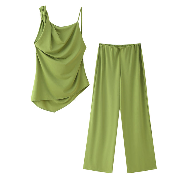 Asymmetrical Design Green Color Pleated Hot Sale Casual Fashion Women's tank Top