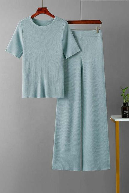 Summer New Spot High Elastic Solid Color Round Neck Knitted Short Sleeve Fashion Suit High Waist Two-piece Set