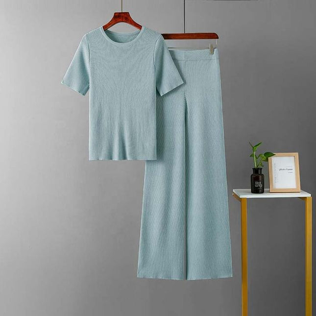 Summer New Spot High Elastic Solid Color Round Neck Knitted Short Sleeve Fashion Suit High Waist Two-piece Set