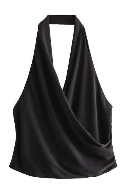 2 Colorway Front Pleated Solid Color Back Hollow Out Casual Fashion Ladies Halter tank Tops