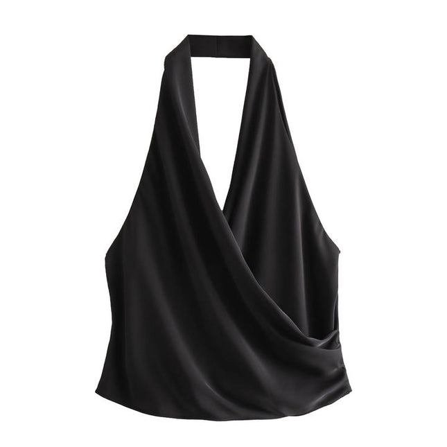 2 Colorway Front Pleated Solid Color Back Hollow Out Casual Fashion Ladies Halter tank Tops