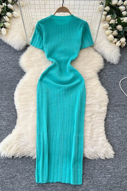 Women's New Premium Round Neck Short Sleeve Slim French Knit Dresses