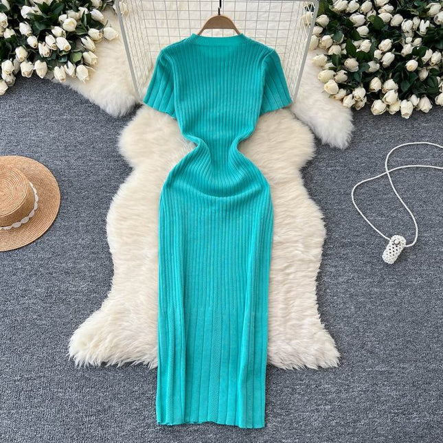 Women's New Premium Round Neck Short Sleeve Slim French Knit Dresses