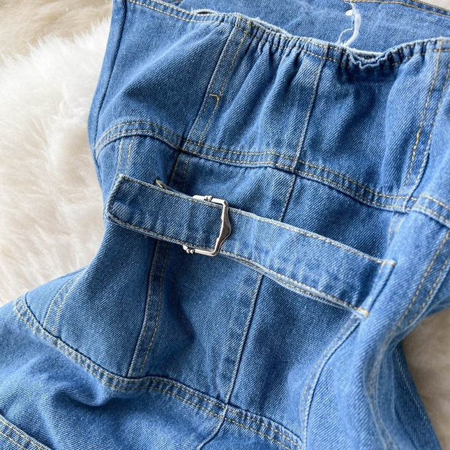Spring Summer New Retro Sexy Female Denim Chest Wide-Leg Denim Pants Jumpsuit