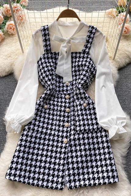 Roupas Outono Top de Manga Longa das mulheres Lace-up Branco Camisa Xadrez Retro Single-breasted Vestido Suspender Two-piece Set Vestido