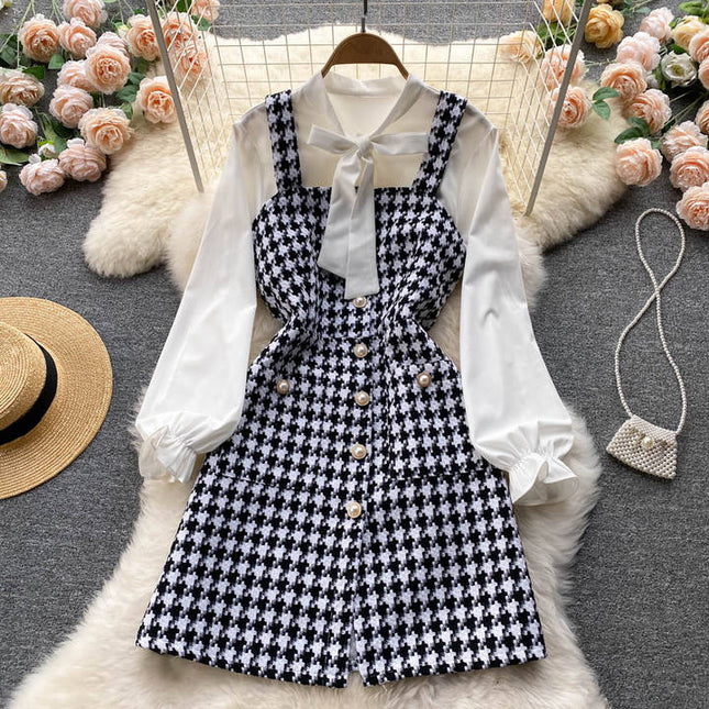 Roupas Outono Top de Manga Longa das mulheres Lace-up Branco Camisa Xadrez Retro Single-breasted Vestido Suspender Two-piece Set Vestido