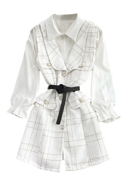 Women'S Long Single-Breasted Tweed Vest Jacket Loose White Shirt Two Piece Set