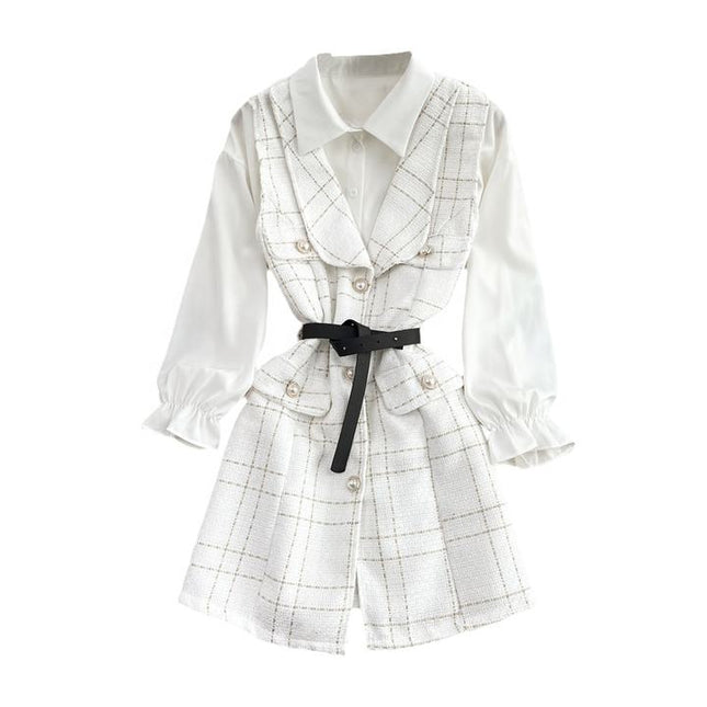 Women'S Long Single-Breasted Tweed Vest Jacket Loose White Shirt Two Piece Set