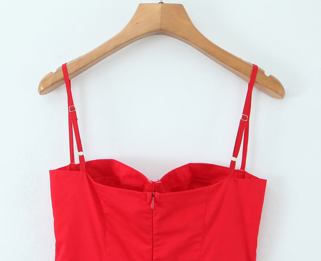 Spaghetti Strap Red Color Zipper Fly Hot Sale Casual Fashion Long Cotton slip Dress for Women