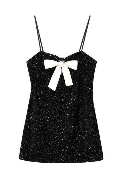 Black Color Front Bow Tie Sequin Spaghetti Strap Casual Fashion Mini Dress for Ladies