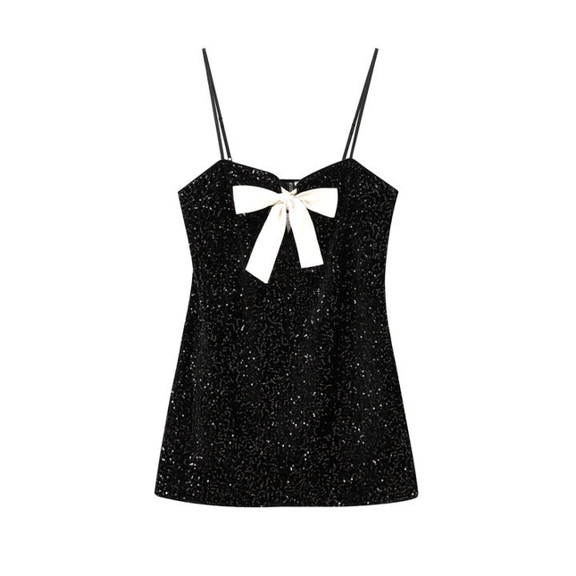 Black Color Front Bow Tie Sequin Spaghetti Strap Casual Fashion Mini Dress for Ladies