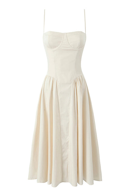 Spaghetti Strap Beige Color Pleated Casual Fashion Women Summer Long slip Dress