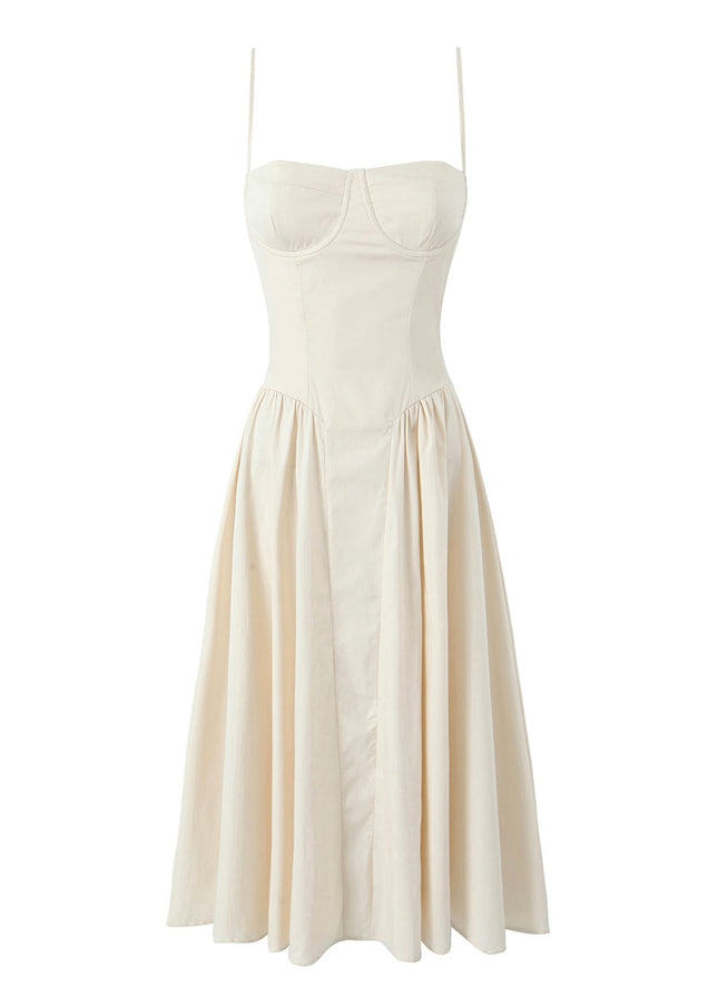 Spaghetti Strap Beige Color Pleated Casual Fashion Women Summer Long slip Dress