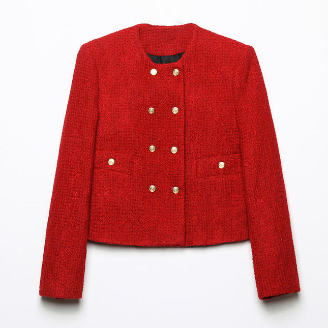 Double Breasted Long Sleeve Crew Neck Hot Sale Casual Fashion Tweed Jacket for Women