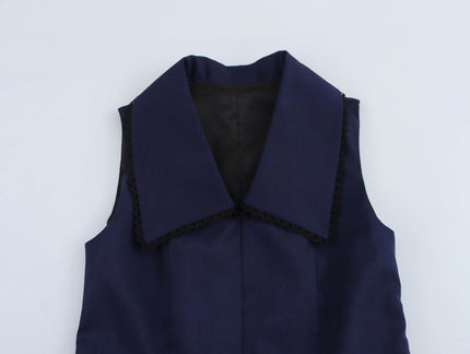 Turn Down Collar Navy Color Sleeveless Casual Fashion Summer Mini Dress for Women
