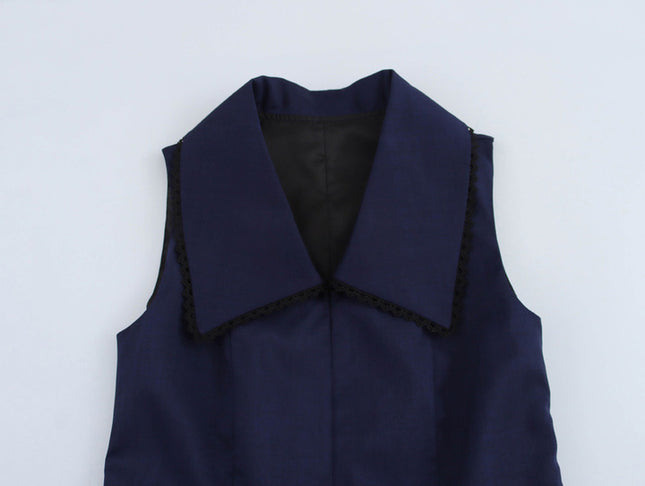 Turn Down Collar Navy Color Sleeveless Casual Fashion Summer Mini Dress for Women