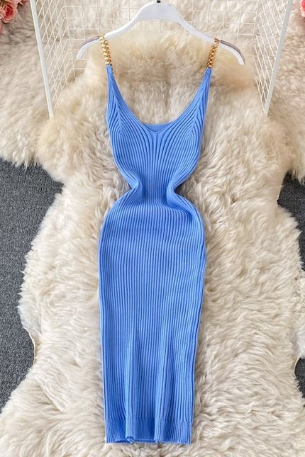2024 Verão Novo Temperamento Sexy Malha Cadeia Halter Vest Slim Vestidos Apertados