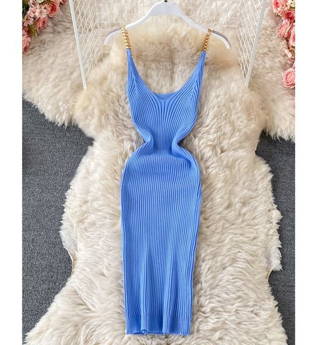 2024 Verão Novo Temperamento Sexy Malha Cadeia Halter Vest Slim Vestidos Apertados