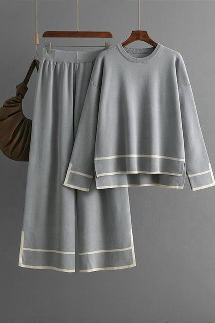 Women's Knitting Two-piece Suit Round Neck Long-sleeved Split Top+long-pants Sweater Two-piece Sets