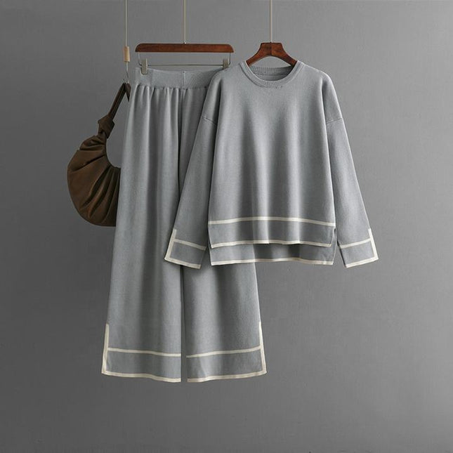 Women's Knitting Two-piece Suit Round Neck Long-sleeved Split Top+long-pants Sweater Two-piece Sets