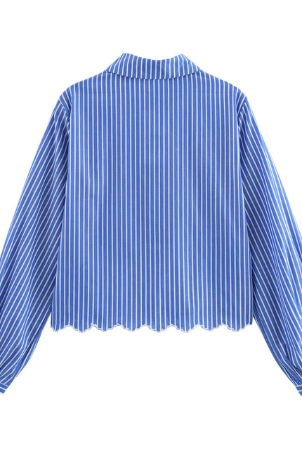 Embroider Eyelet Blue Color Long Sleeve Buttons up Turn Down Collar Casual Fashion Tops Blouse for Women