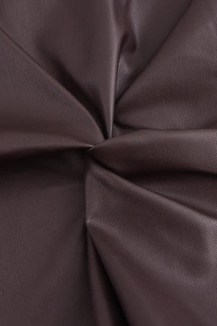 Crew Neck Front Pleated Brown Color Zipper Fly Sleeveless Casual Fashion PU Leather Maxi Dress for Women