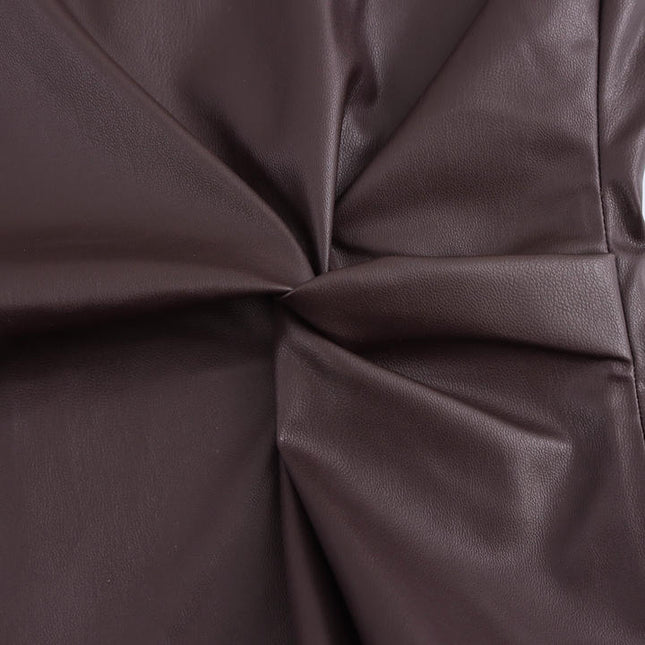 Crew Neck Front Pleated Brown Color Zipper Fly Sleeveless Casual Fashion PU Leather Maxi Dress for Women