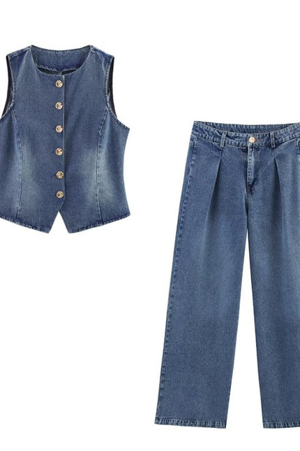 Crew Neck Single Breasted Denim Blue Color Hot Sale Casual Fashion Vest Waistcoat for Women