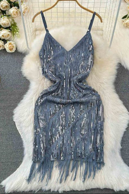Women Sequined Tassel V-neck Mini Party Dresses Solid Color Luxury French Clubwear Straps Dress