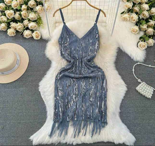 Women Sequined Tassel V-neck Mini Party Dresses Solid Color Luxury French Clubwear Straps Dress
