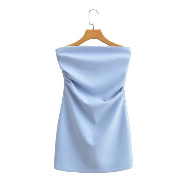 Strapless Blue Color Pleated Back Zipper Fly Casual Fashion Mini Dress for Ladies