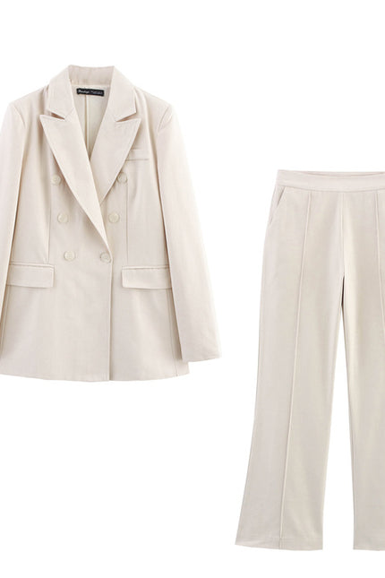 Double Breasted Beige Color Long Sleeve Notched Collar Casual Fashion blazer Jacket for Women