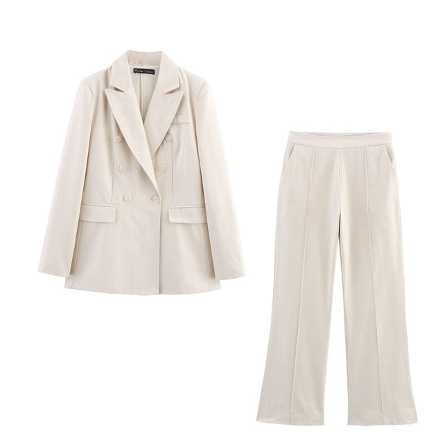Double Breasted Beige Color Long Sleeve Notched Collar Casual Fashion blazer Jacket for Women