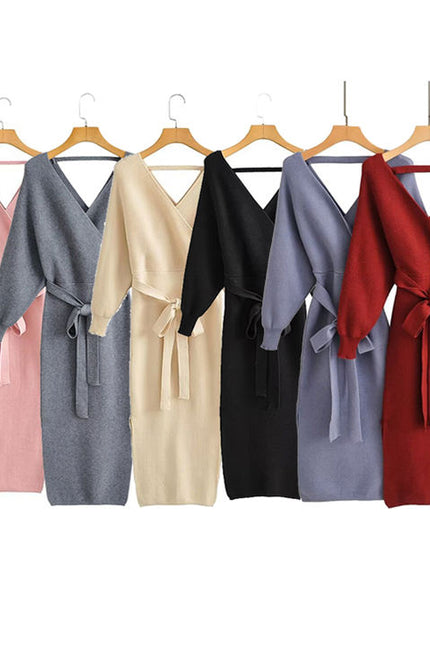 6 Colorway v Neck Long Sleeve Solid Color Sashes Casual Fashion Knit Long Dress for Women