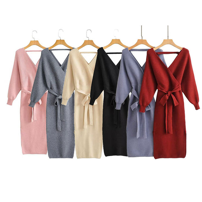 6 Colorway v Neck Long Sleeve Solid Color Sashes Casual Fashion Knit Long Dress for Women