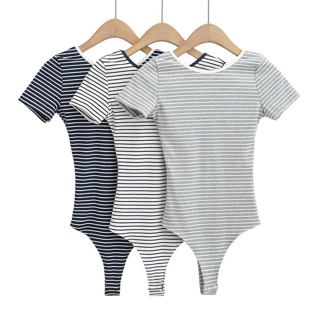 3 Colorway Patrón de rayas Cuello redondo Manga corta Espalda ahueca hacia fuera Casual Moda Mujer Mono de una pieza