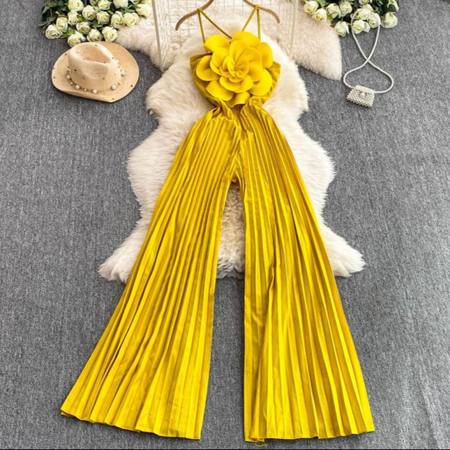 Beach Vacation Super fairy Three-dimensional Flower Jumpsuit Women's Summer High Waist Slimming Halter Pleated Wide Leg Pants