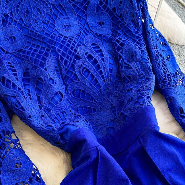 Lace Patchwork Lantern Sleeve Jumpsuit for Women in Spring and Autumn Wide Leg Pants