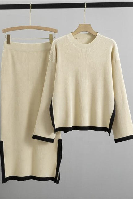 Knitted Suit for Women's Autumn New Design Contrasting Color Round Neck Top+slit Skirt Temperament Two-piece Set