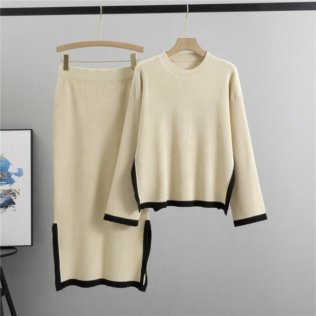 Knitted Suit for Women's Autumn New Design Contrasting Color Round Neck Top+slit Skirt Temperament Two-piece Set