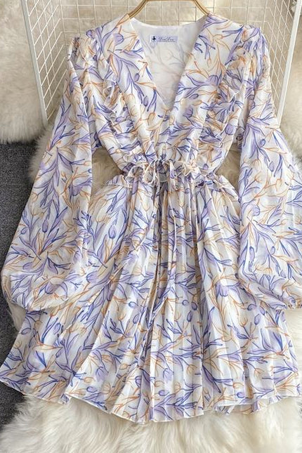 Autumn V-Neck Ruffled Long Sleeve Waisted A-Line Floral Pleated Casual Dresses